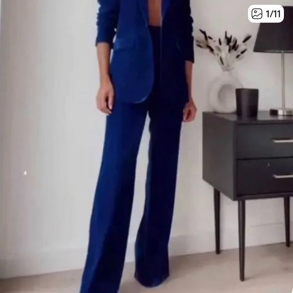 Zara Fluid Velvet Trousers Deep Blue Women's